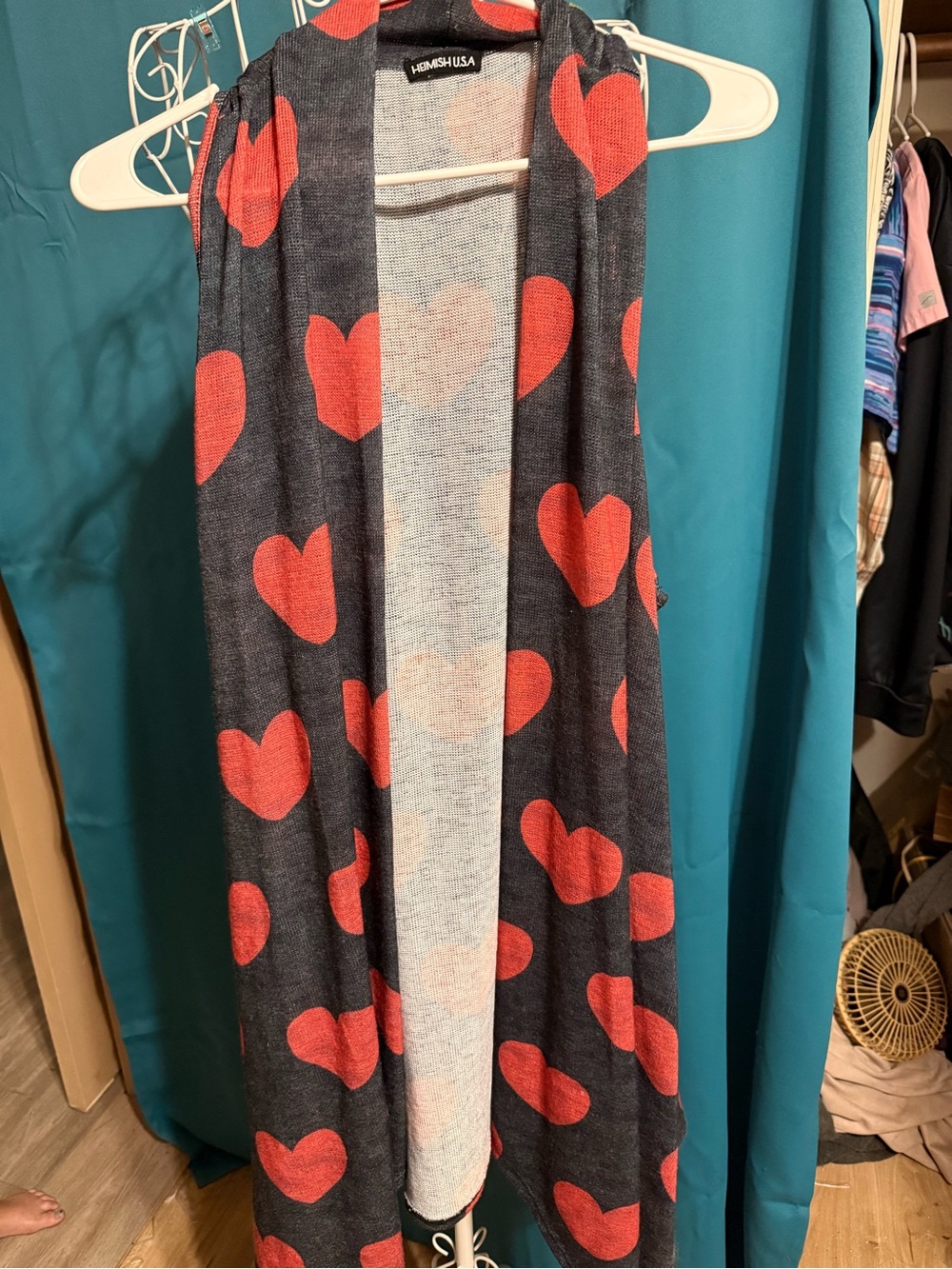 HEIMISH USA Charcoal Sleeveless Cardigan with Red Heart Print
